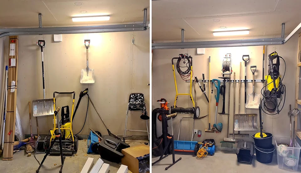 Före- och efterbild på organisering av ett garage.