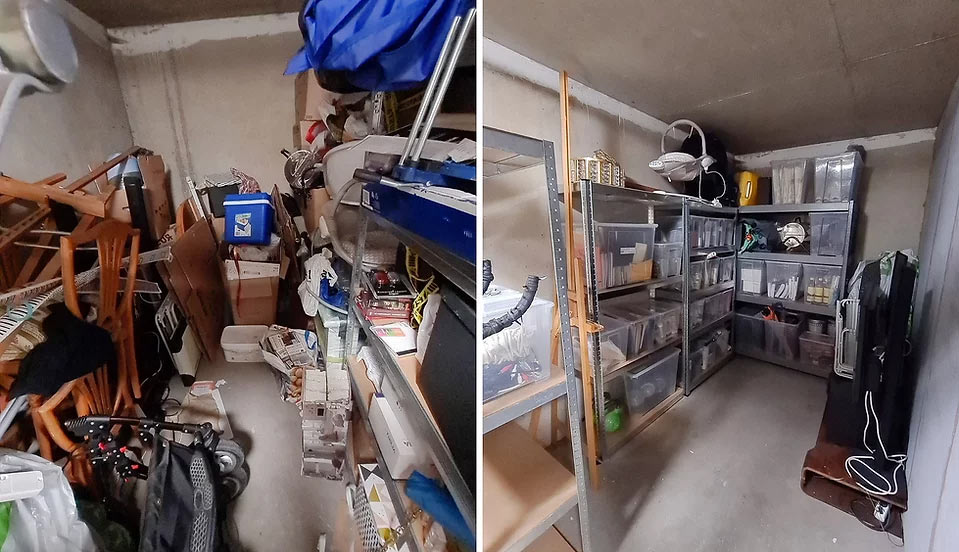 Före- och efterbild på organisering av ett förråd.